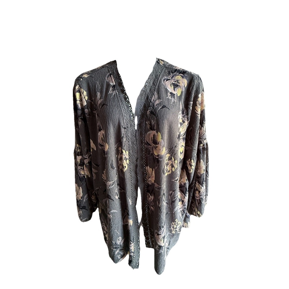 Women Cardigan Kimono Size 3XL Crochet Stretch Gray Floral
